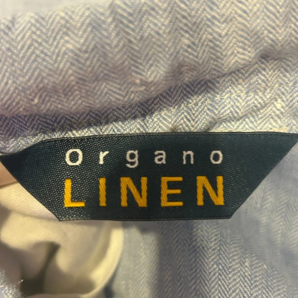 Mens Organic Linen Jogger Pants Size XL Light Blue Herringbone Drawstring Beach